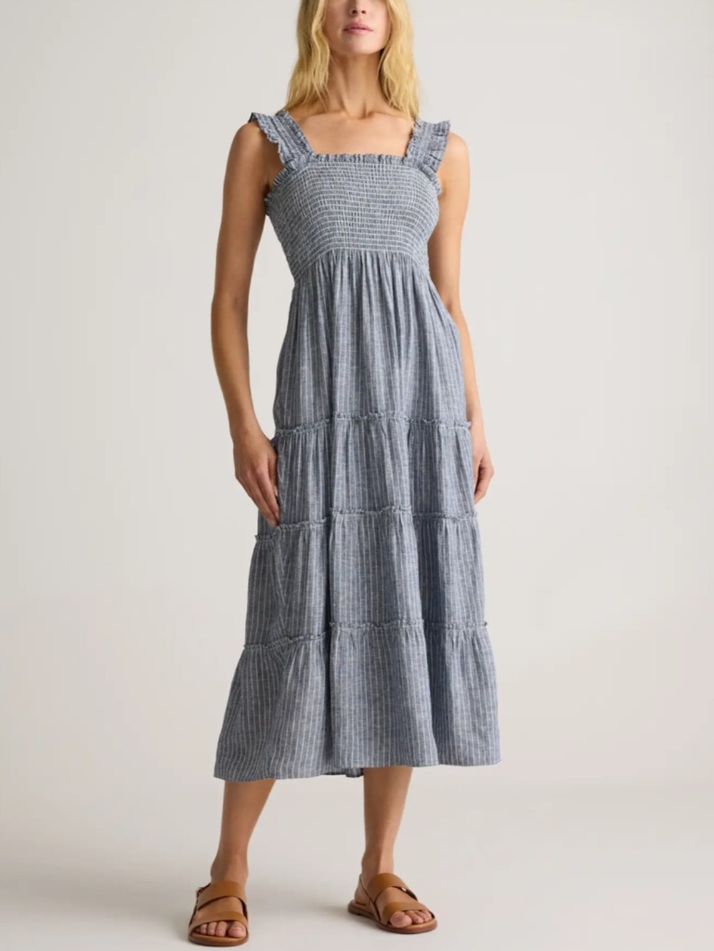 Quince Blue Striped Smocked Linen Midi Dress - Picture 8 of 10
